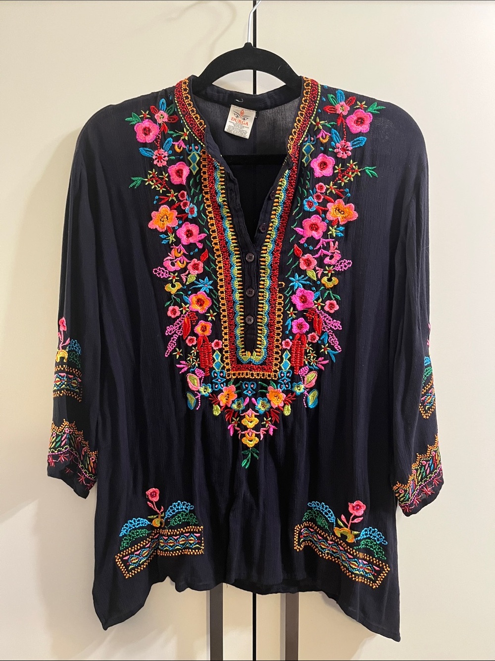 Black Vibrant Embroidered Boho Tunic Top One Size
